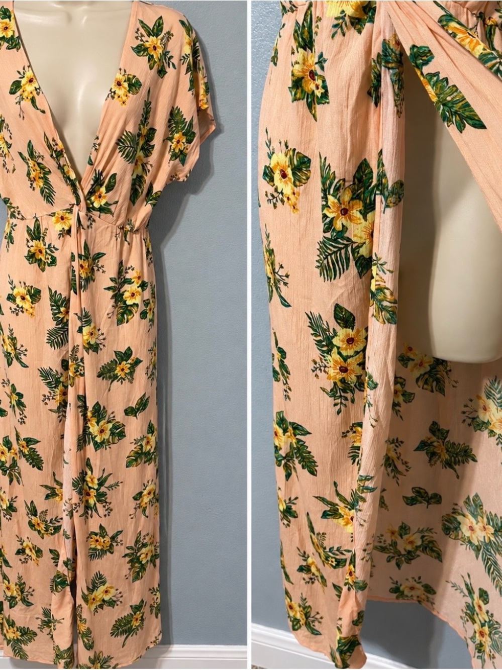 Forever 21 Floral Maxi Dress Peach Tropical Boho Kimono Sleeve Front Knot Small